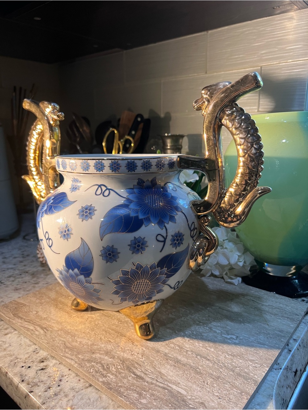 Blue Floral Porcelain Urn with Gold Dragon Handles